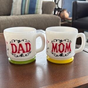 Hazel Atlas milk glass "Mom" and "Dad" coffee mugs, vintage